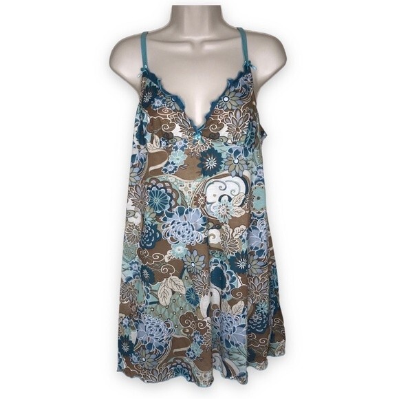 Nick and Sarah Intimates Floral Nightgown Chemise Slip Blue Brown Women Medium - Picture 1 of 12